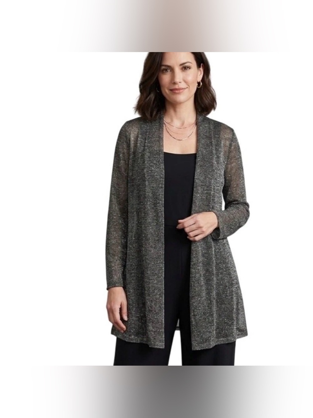 Eileen Fisher Metallic Open-Front Women's Cardigan Sweater - Silver linen blend